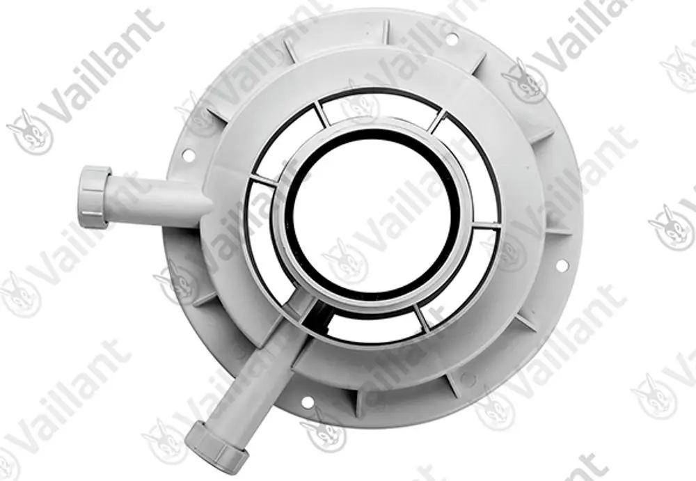 Vaillant Adapter mit zwei Anschlüssen, einem größeren Rohr und einem kleineren Anschluss, gefertigt aus Kunststoff, für Verwendung in Heizungs- oder Lüftungssystemen.